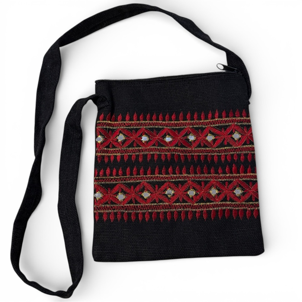 Embroidered Black Crossbody Bag Vibrant Red Accents Ethnic Boho Tribal Festival